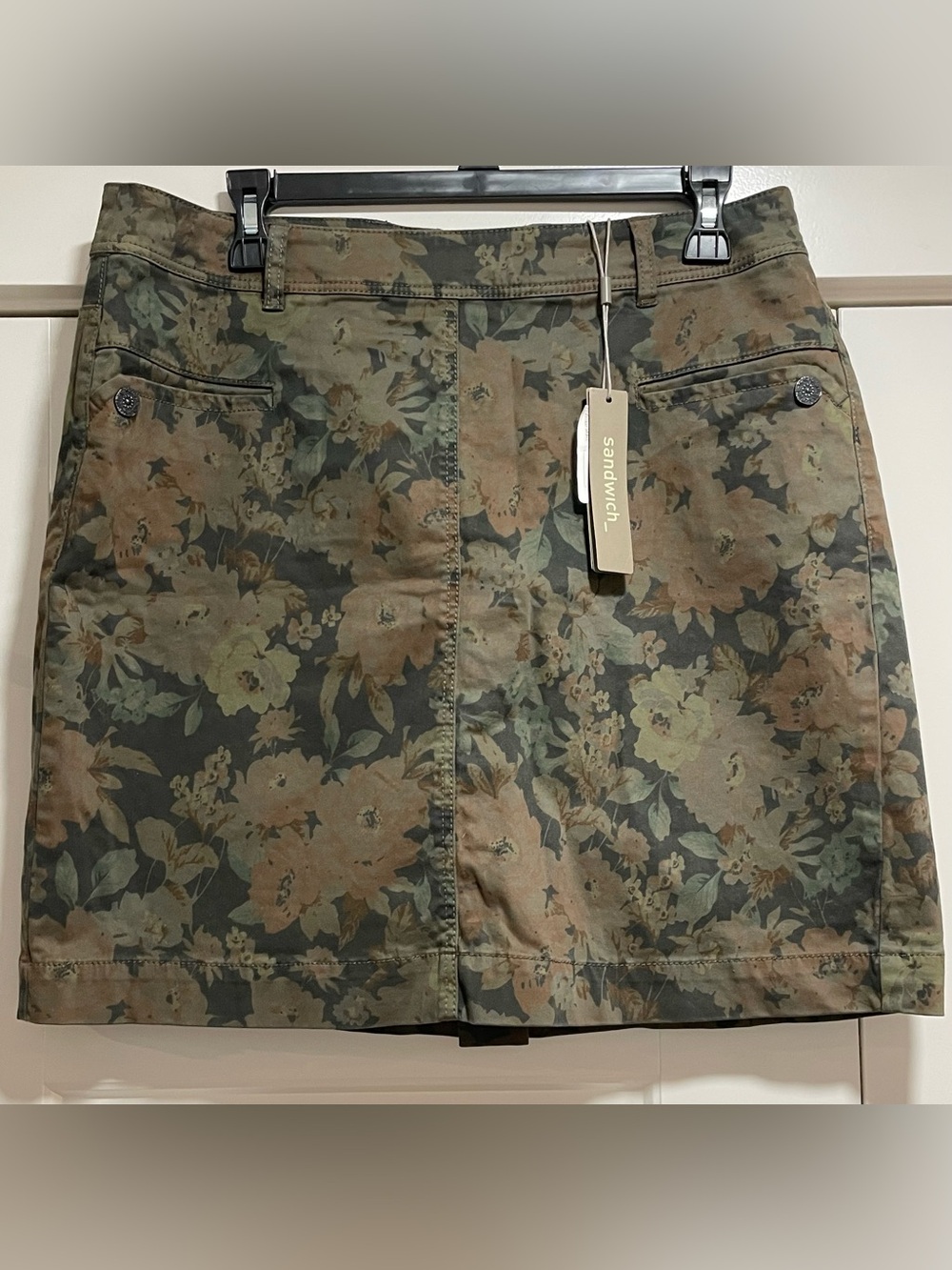 NWT Sandwich Floral Camo Skirt in Olive Green, Brown, and blackish green.